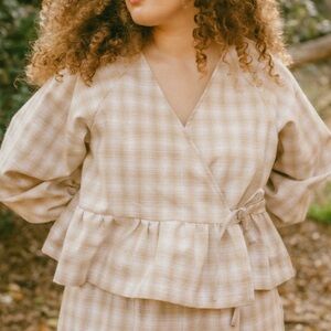 Soft Haus Garden Party Wrap Top Blouse Linen Cotton Natural Plaid Tan Size XS